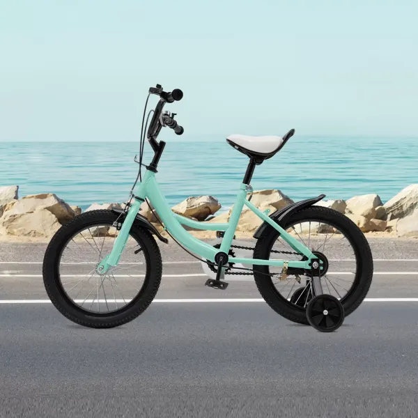 Bicicleta infantil de 16 pulgadas para niños, con ruedas auxiliares, marco de acero al carbono, tecnología de freno doble (verde)