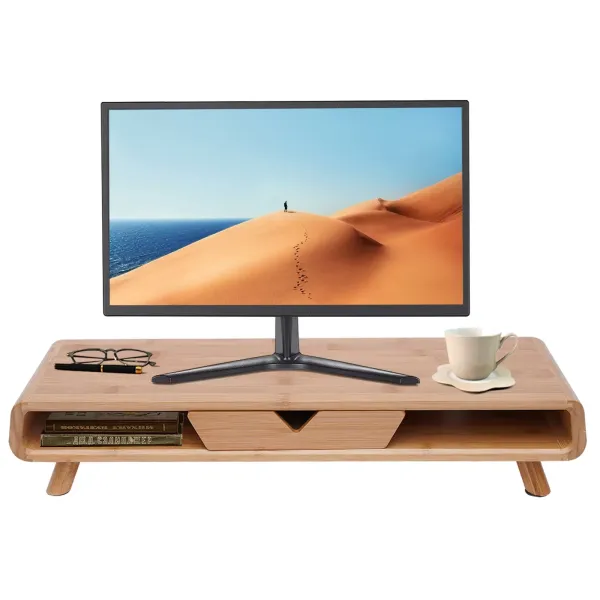 Soporte para monitor de bambú de 24 pulgadas, con cajón, soporte de mesa, capacidad de carga de hasta 50 kg, aumento de monitor para ordenador