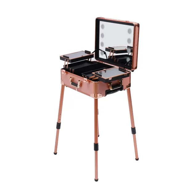 Maletín de cosméticos con Ruedas 3 en 1, Organizador de Maquillaje, de Belleza, con Cerradura de Aluminio, con luz LED y Patas de Apoyo (oro rosa)