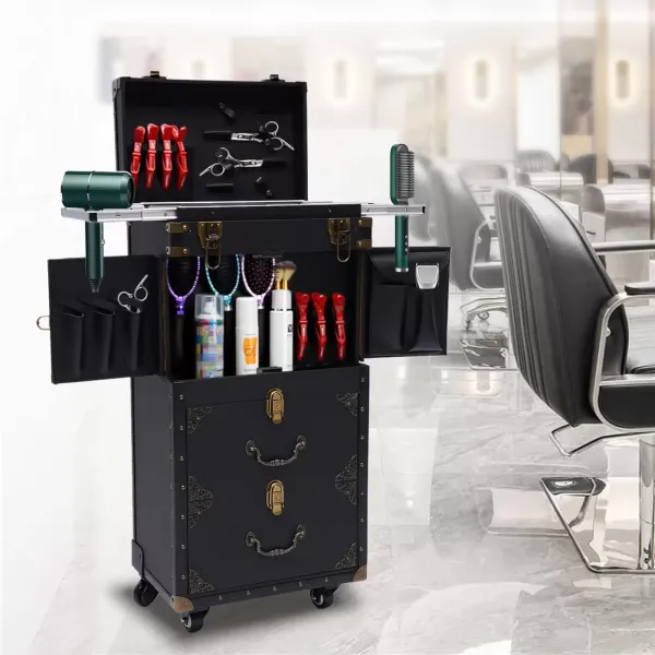 Maletín cosmético con Ruedas, Estuche de Maquillaje, Estuche de Viaje, con cajón, secador de Pelo, Soporte y Ruedas