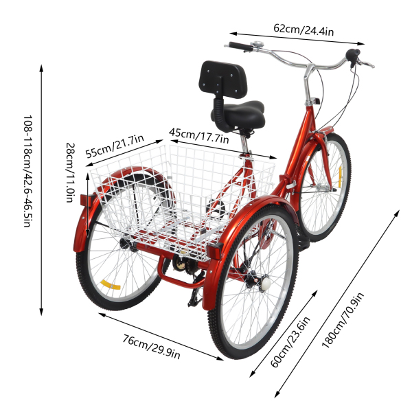 Triciclo plegable rojo de 24 pulgadas para adultos + cesta, 3 ruedas bicicleta plegable, 7 velocidades, tiras reflectantes Triciclo plegable rojo de 24 pulgadas para adultos + cesta, 3 ruedas bicicleta plegable, 7 velocidades, tiras reflectantes