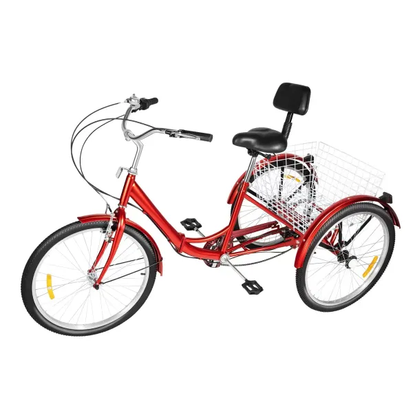Triciclo plegable rojo de 24 pulgadas para adultos + cesta, 3 ruedas bicicleta plegable, 7 velocidades, tiras reflectantes