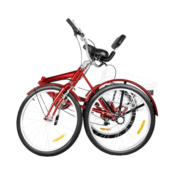 Triciclo plegable rojo de 24 pulgadas para adultos + cesta, 3 ruedas bicicleta plegable, 7 velocidades, tiras reflectantes