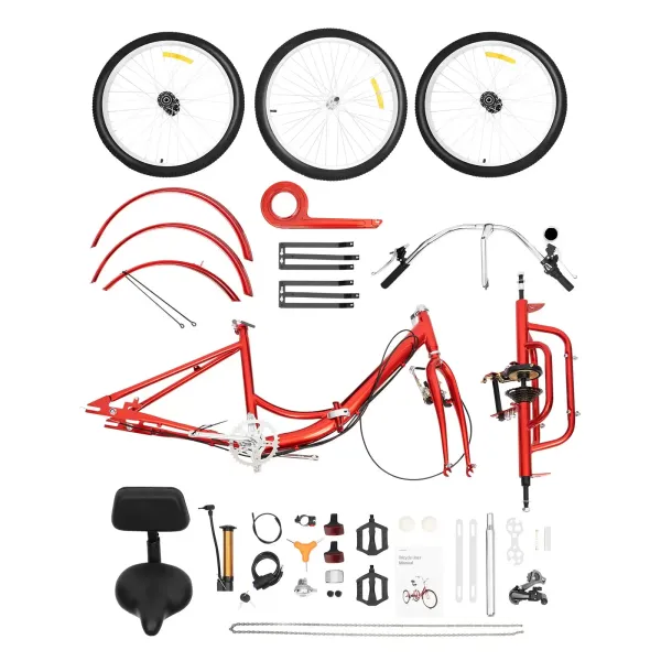 Triciclo plegable rojo de 24 pulgadas para adultos + cesta, 3 ruedas bicicleta plegable, 7 velocidades, tiras reflectantes
