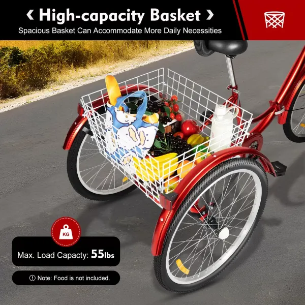 Triciclo plegable rojo de 24 pulgadas para adultos + cesta, 3 ruedas bicicleta plegable, 7 velocidades, tiras reflectantes Triciclo plegable rojo de 24 pulgadas para adultos + cesta, 3 ruedas bicicleta plegable, 7 velocidades, tiras reflectantes