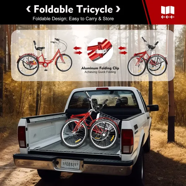 Triciclo plegable rojo de 24 pulgadas para adultos + cesta, 3 ruedas bicicleta plegable, 7 velocidades, tiras reflectantes