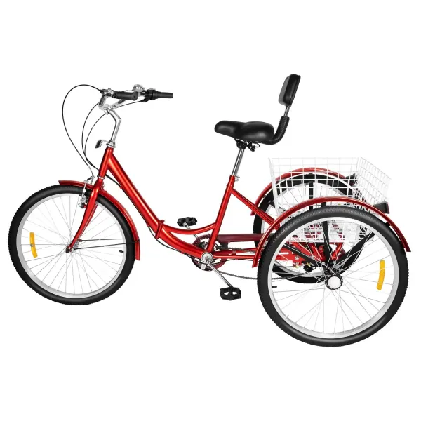 Triciclo plegable rojo de 24 pulgadas para adultos + cesta, 3 ruedas bicicleta plegable, 7 velocidades, tiras reflectantes Triciclo plegable rojo de 24 pulgadas para adultos + cesta, 3 ruedas bicicleta plegable, 7 velocidades, tiras reflectantes