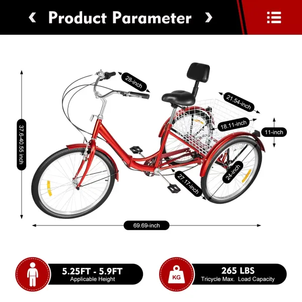 Triciclo plegable rojo de 24 pulgadas para adultos + cesta, 3 ruedas bicicleta plegable, 7 velocidades, tiras reflectantes