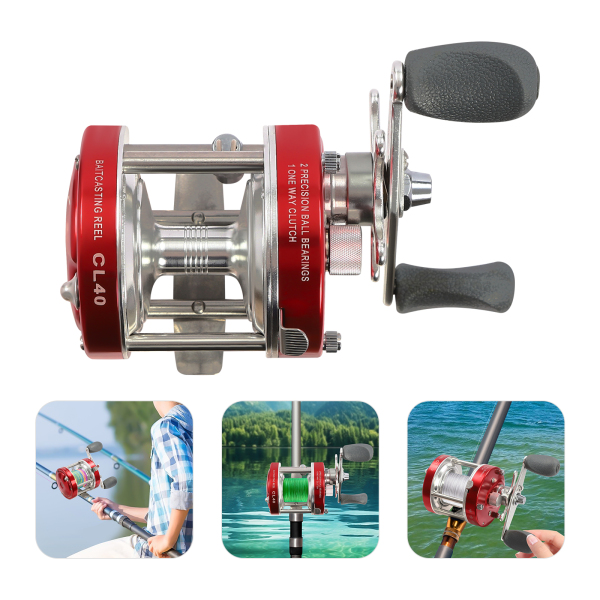 Carrete Redondo Baitcasting, Carrete Convencional para Siluro, Carrete Pesca Baitcasting, Mano derecha, #40, Rojo