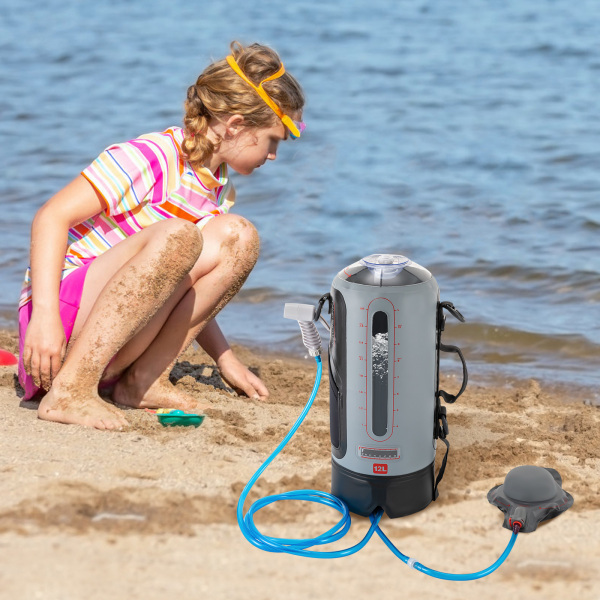 Ducha Solar de Camping, Ducha de Jardín con Bomba, 12L, Cabezal de Ducha Portátil y Manguera Desmontable Bolsa de Ducha