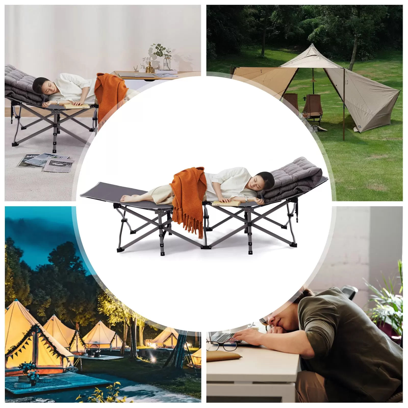 Cama de campo plegable de 190 x 71 cm, para adultos, para camping, plegable, de acero, hasta 250 kg, con colchón gris