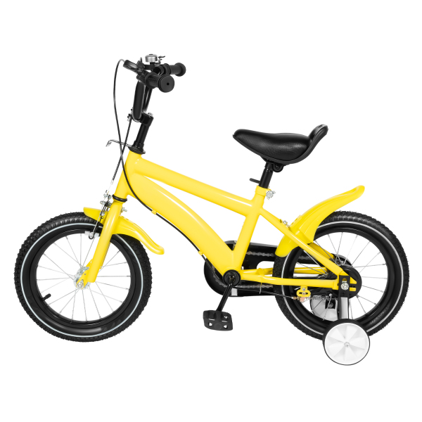 CNCEST Bicicleta infantil de 14 pulgadas para niños y niñas 95-125 cm, con ruedas de apoyo, freno de mano, manillar acolchado, color amarillo