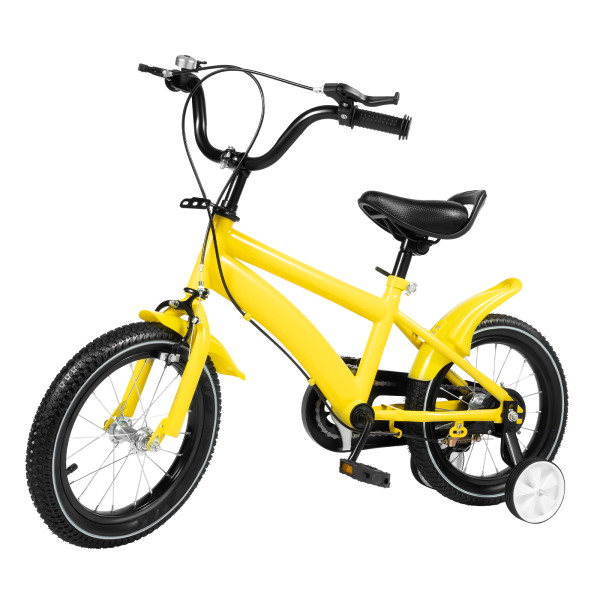 CNCEST Bicicleta infantil de 14 pulgadas para niños y niñas 95-125 cm, con ruedas de apoyo, freno de mano, manillar acolchado, color amarillo