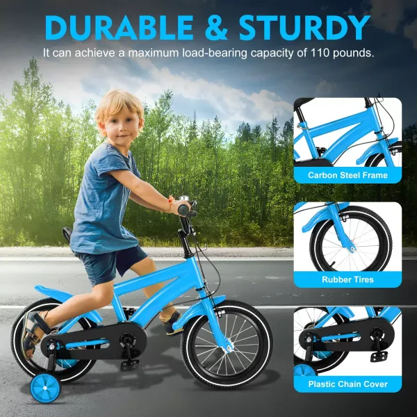 Bicicleta infantil de 14 pulgadas, para niños y niñas, con estabilizadores de equilibrio de acero, unisex, color azul