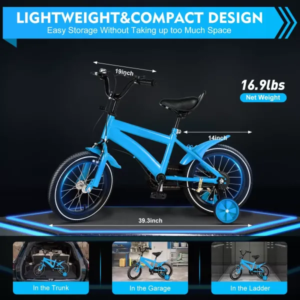 Bicicleta infantil de 14 pulgadas, para niños y niñas, con estabilizadores de equilibrio de acero, unisex, color azul