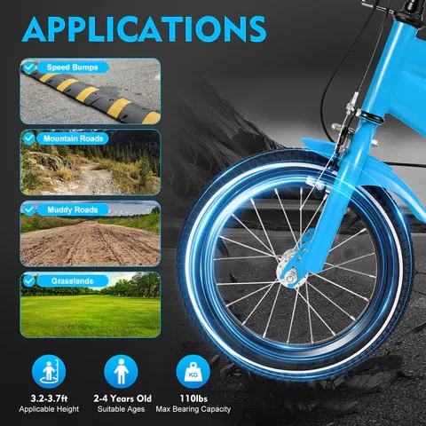 Bicicleta infantil de 14 pulgadas, para niños y niñas, con estabilizadores de equilibrio de acero, unisex, color azul