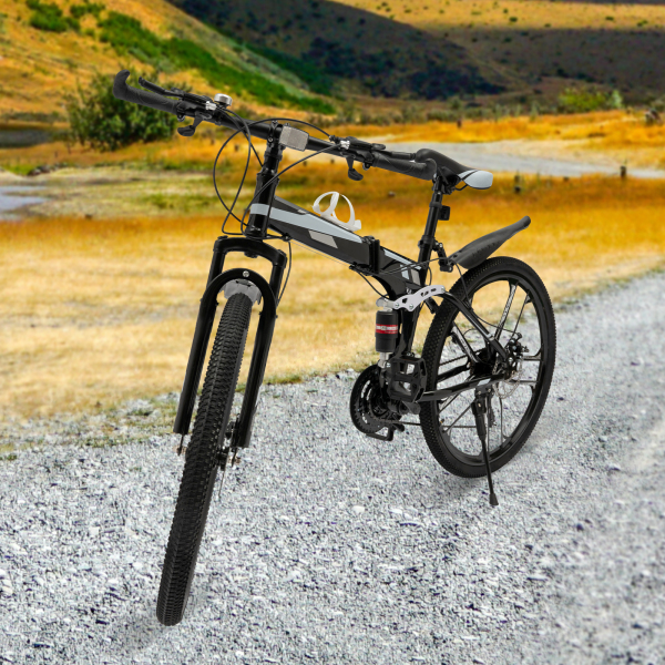 Bicicleta de montaña plegable 26 pulgadas doble absorción de choque marco de fibra de carbono 21 velocidades MTB Bicicleta de montaña plegable 26 pulgadas doble absorción de choque marco de fibra de carbono 21 velocidades MTB
