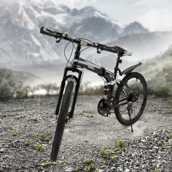 Bicicleta de montaña plegable 26 pulgadas doble absorción de choque marco de fibra de carbono 21 velocidades MTB