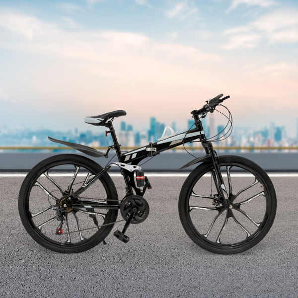 Bicicleta de montaña plegable 26 pulgadas doble absorción de choque marco de fibra de carbono 21 velocidades MTB Bicicleta de montaña plegable 26 pulgadas doble absorción de choque marco de fibra de carbono 21 velocidades MTB