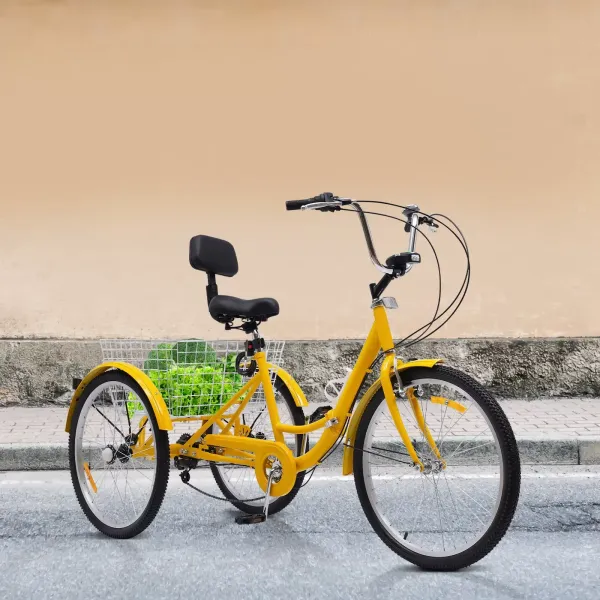 Triciclo para adultos de 24 pulgadas, triciclo plegable de 7 velocidades, con portavasos y faros, triciclo de 3 ruedas con cesta de la compra