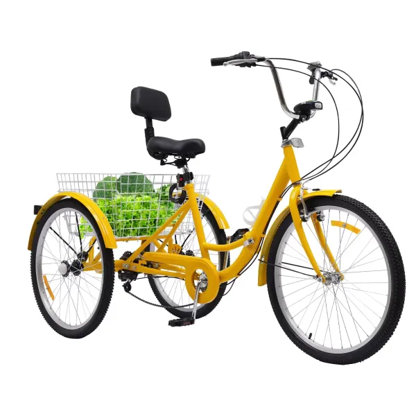 Triciclo para adultos de 24 pulgadas, triciclo plegable de 7 velocidades, con portavasos y faros, triciclo de 3 ruedas con cesta de la compra