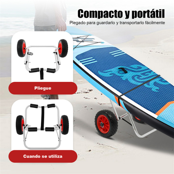 Carro plegable de canoa, con 2 ruedas, con correas de amarre con 1 correa + 2 hebillas fijas, marco de aluminio