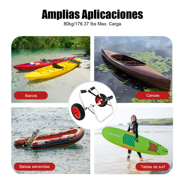 Carro plegable de canoa, con 2 ruedas, con correas de amarre con 1 correa + 2 hebillas fijas, marco de aluminio