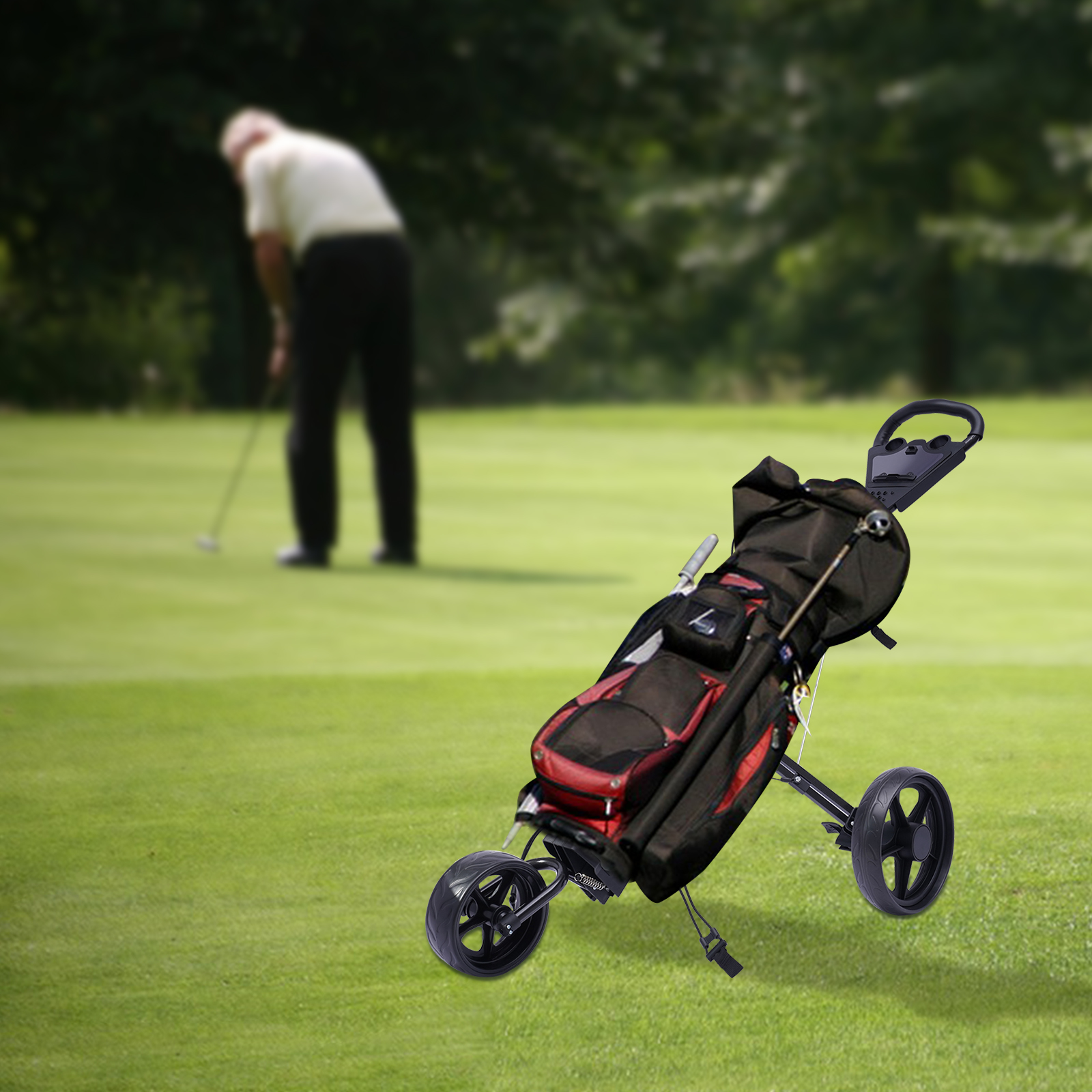3 ruedas Carrito de golf plegable con freno de pie, abierto y cerrado en UN segundo, portavasos gratuito incluido