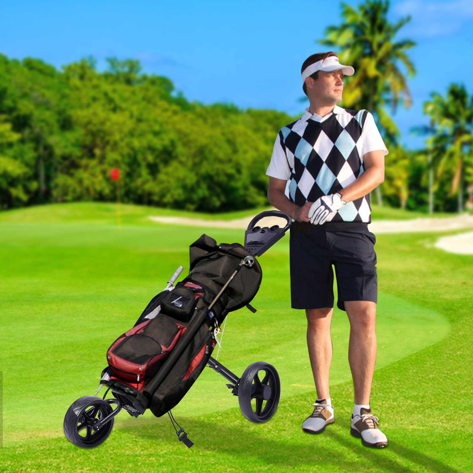 3 ruedas Carrito de golf plegable con freno de pie, abierto y cerrado en UN segundo, portavasos gratuito incluido 3 ruedas Carrito de golf plegable con freno de pie, abierto y cerrado en UN segundo, portavasos gratuito incluido