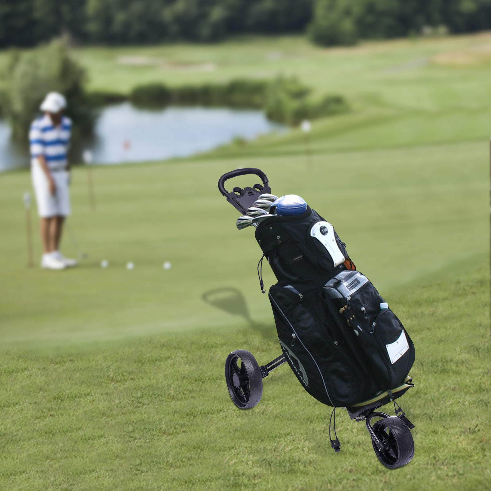 3 ruedas Carrito de golf plegable con freno de pie, abierto y cerrado en UN segundo, portavasos gratuito incluido 3 ruedas Carrito de golf plegable con freno de pie, abierto y cerrado en UN segundo, portavasos gratuito incluido