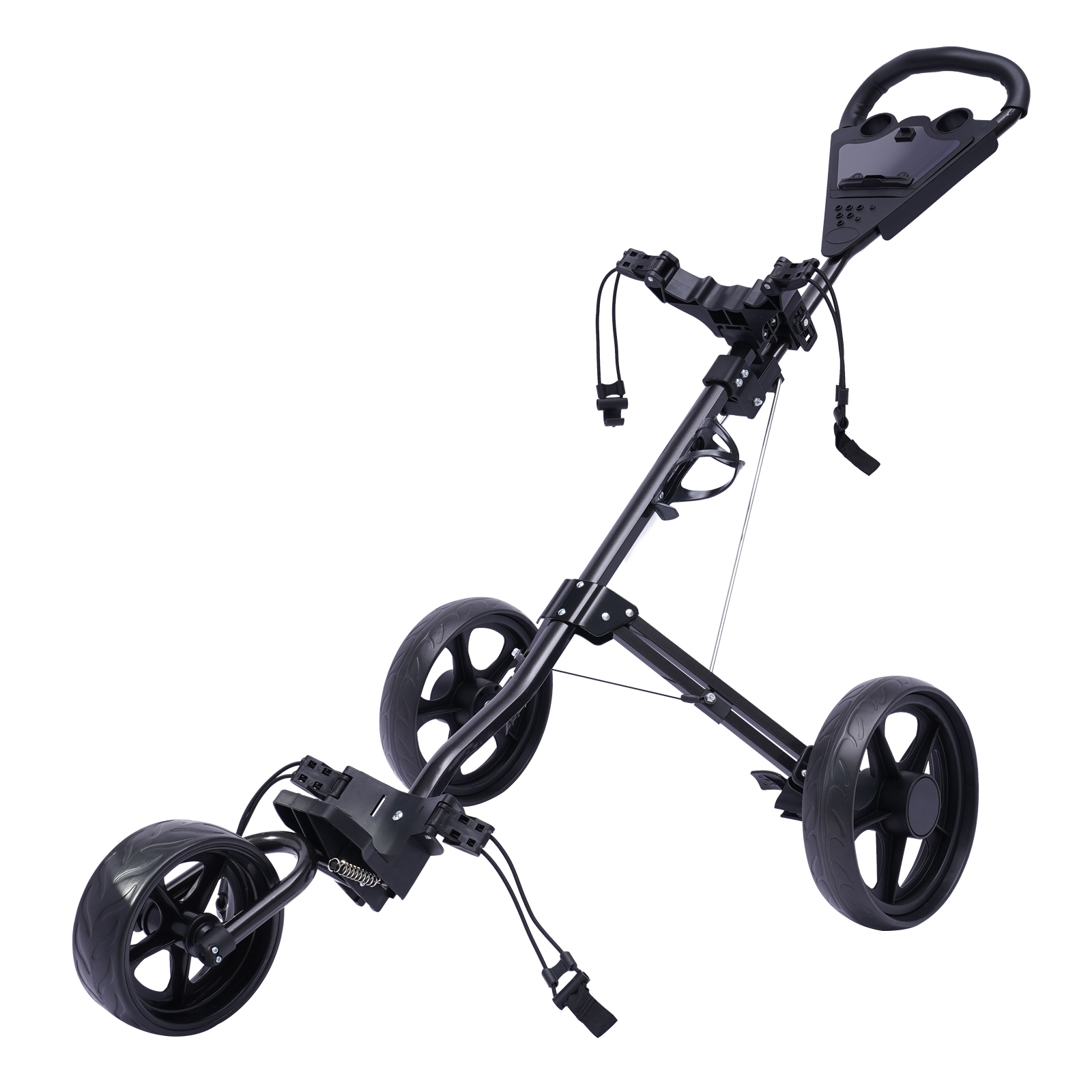 3 ruedas Carrito de golf plegable con freno de pie, abierto y cerrado en UN segundo, portavasos gratuito incluido