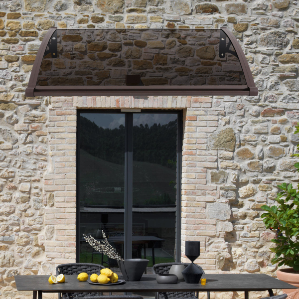 Cobertizo de arco para puerta de entrada de 84 × 120 cm, cobertizo de arco para exteriores - Soporte marrón + cobertizo marrón