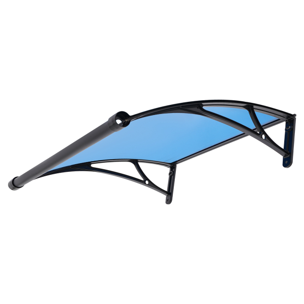 Toldo para ventana y puerta de 80×80 cm, toldo exterior para ventana, toldo con fregadero grande - Soporte negro + cobertizo azul lago