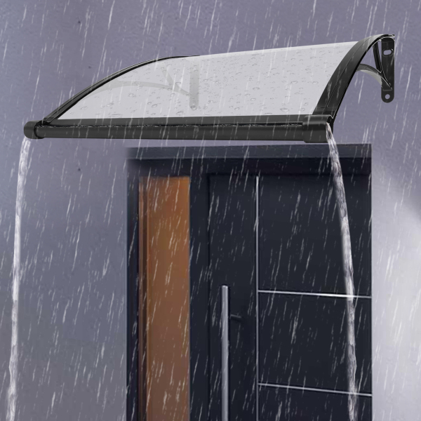 Toldo para ventana y puerta de 80×80 cm, toldo exterior para ventana, toldo para ventana con fregadero grande - Soporte negro + cobertizo transparente