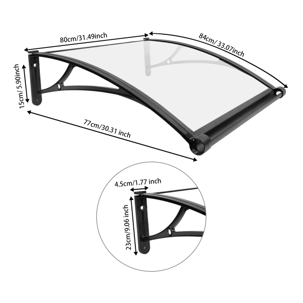 Toldo para ventana y puerta de 80×80 cm, toldo exterior para ventana, toldo para ventana con fregadero grande - Soporte negro + cobertizo transparente