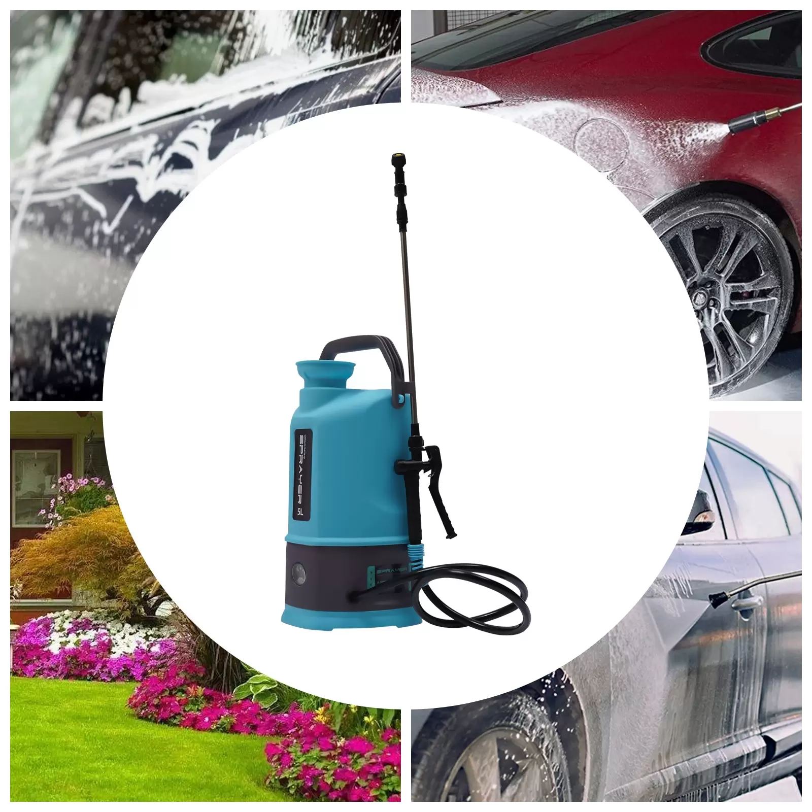 Pulverizador eléctrico de jardín de 5L con batería, pulverizador de jardín con lanza de 80 cm, para malas hierbas con 2 boquillas ajustables