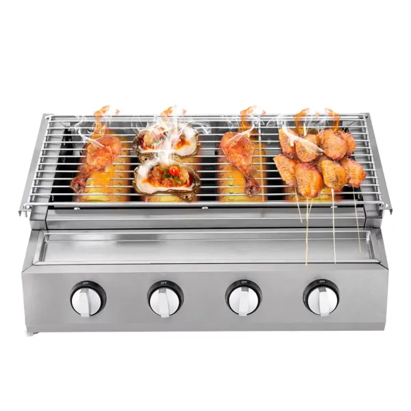 Barbacoa de gas de acero inoxidable, 4 llamas para barbacoa, sin humo, parrilla de cocina, altura regulable Barbacoa de gas de acero inoxidable, 4 llamas para barbacoa, sin humo, parrilla de cocina, altura regulable