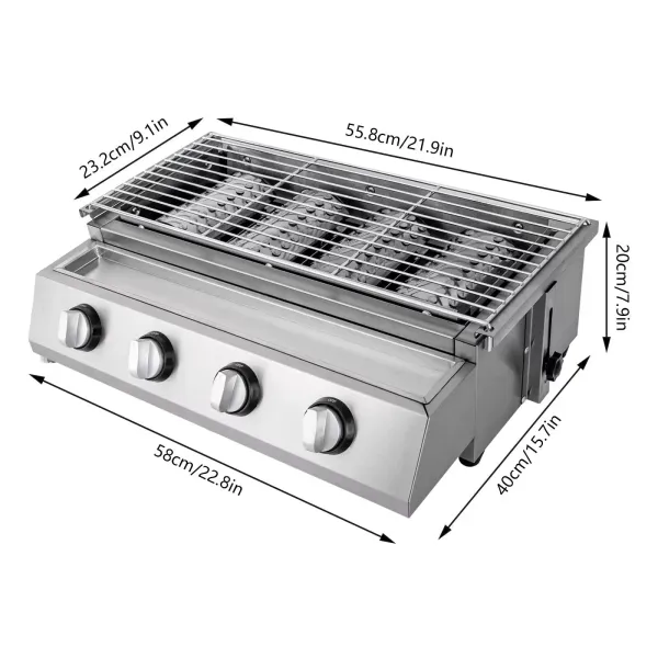 Barbacoa de gas de acero inoxidable, 4 llamas para barbacoa, sin humo, parrilla de cocina, altura regulable