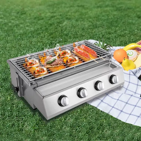 Barbacoa de gas de acero inoxidable, 4 llamas para barbacoa, sin humo, parrilla de cocina, altura regulable
