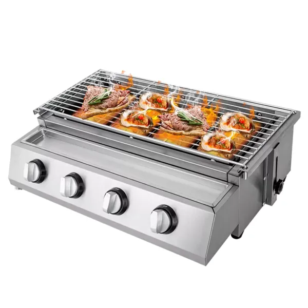 Barbacoa de gas de acero inoxidable, 4 llamas para barbacoa, sin humo, parrilla de cocina, altura regulable