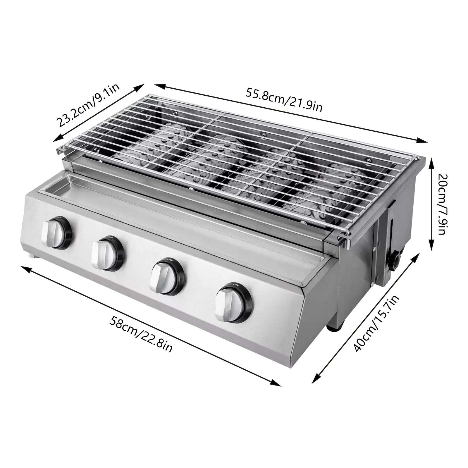 Fuerte capacidad de carga: este producto utiliza un marco de rejilla de acero inoxidable engrosado que tiene una fuerte capacidad de carga. Coloque los alimentos más pesados que no tiene que preocuparse por ello.    Bandeja de recogida de aceite: está equipada con una bandeja extraíble de aceite para mantener la superficie de trabajo limpia. Antes de cada barbacoa, solo necesita agregar una pequeña cantidad de agua en la bandeja de recogida para facilitar la limpieza.   Almohadilla de goma antideslizante: la parte inferior del dispositivo está equipada con una base de goma antideslizante que aumenta la estabilidad de la parrilla y evita que la parrilla raye la superficie de trabajo debido a la fricción.   Aplicación: esta barbacoa es adecuada para cualquier exterior, como patio trasero, jardín, terraza, cubierta y balcón, y otros lugares.