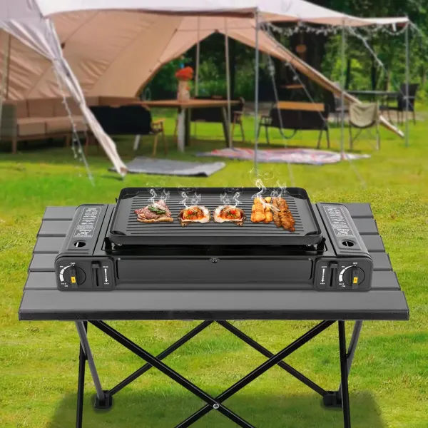 Estufa de gas para barbacoa de doble cabezal con parrilla, estufa camping portátil, estufa de camping 2 quemadores, 64*27.8*8cm