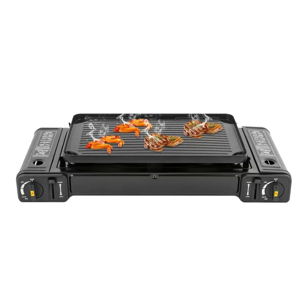 Estufa de gas para barbacoa de doble cabezal con parrilla, estufa camping portátil, estufa de camping 2 quemadores, 64*27.8*8cm