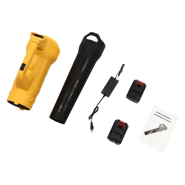 Soplador de hojas sin cable con 2 pilas, Soplador de mano sin cable, Salida de aire: 3.3m³/min, 82*17*25cm, 3000W, Amarillo