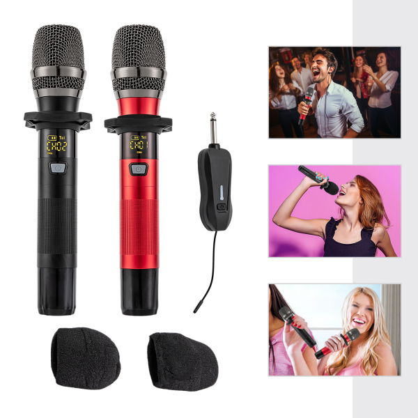 Micrófono inalámbrico, de metal inalámbrico dual, micrófonos vocales y receptor con 25 canales, para karaoke, voces, bodas