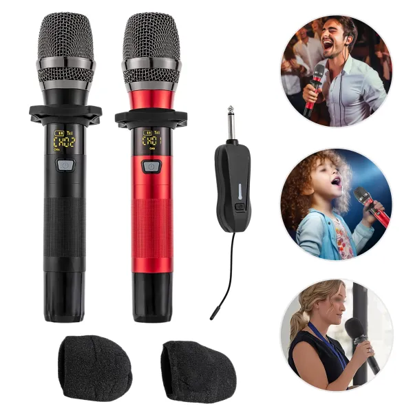 Micrófono inalámbrico, de metal inalámbrico dual, micrófonos vocales y receptor con 25 canales, para karaoke, voces, bodas Micrófono inalámbrico, de metal inalámbrico dual, micrófonos vocales y receptor con 25 canales, para karaoke, voces, bodas