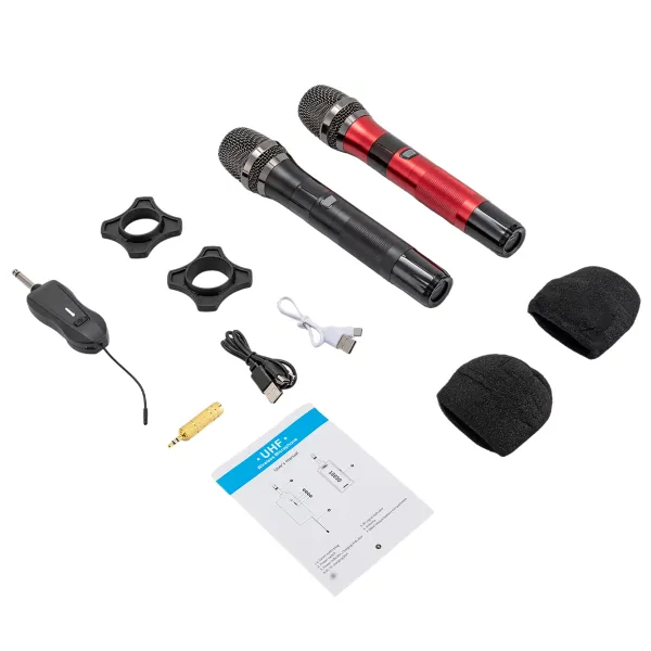 Micrófono inalámbrico, de metal inalámbrico dual, micrófonos vocales y receptor con 25 canales, para karaoke, voces, bodas Micrófono inalámbrico, de metal inalámbrico dual, micrófonos vocales y receptor con 25 canales, para karaoke, voces, bodas