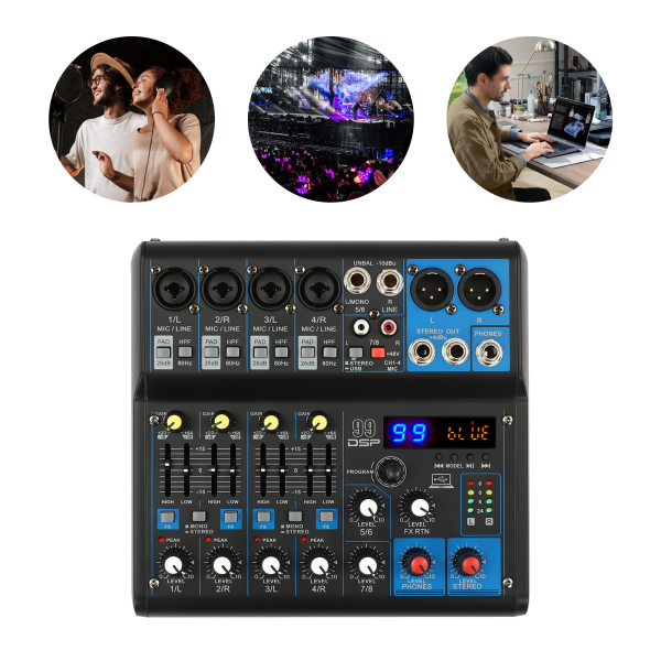 Mezclador profesional de sonido de 7 canales, mezclador con alimentación de audio, Consola de sonido de 7 canales