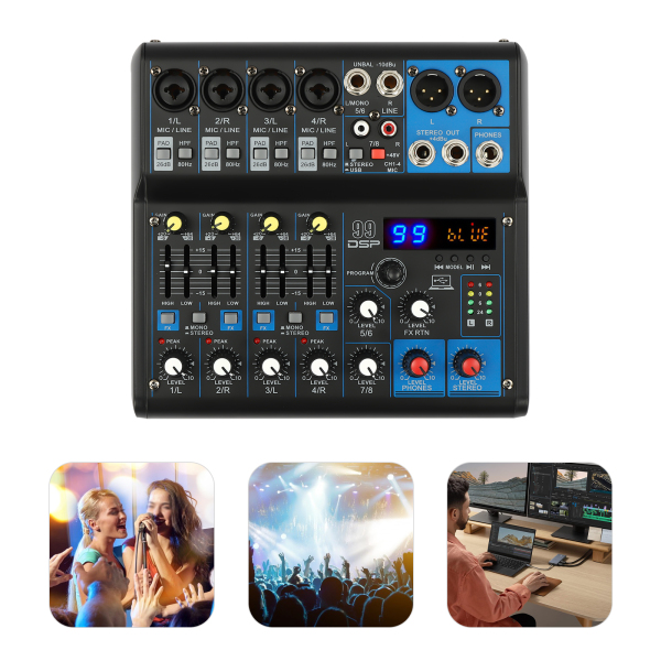 Mezclador profesional de sonido de 7 canales, mezclador con alimentación de audio, Consola de sonido de 7 canales
