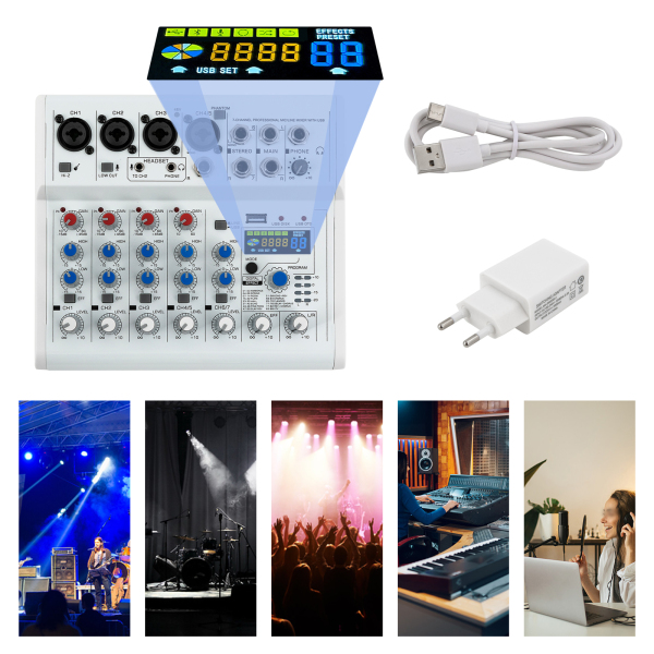 7 canales Consolas de mezcla en vivo estéreo, mezclador de audio Mezclador de música, 88 tipos de efectos digitales DPS 7 canales Consolas de mezcla en vivo estéreo, mezclador de audio Mezclador de música, 88 tipos de efectos digitales DPS